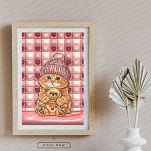 Valentine Kitten Teddy wall art printable digital download, cute kitten illustration wearing beanie and holding teddy with heart background