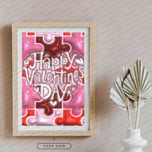 Happy Valentine’s Day wall art printable digital download, romantic typography design with puzzle heart background and heart accents