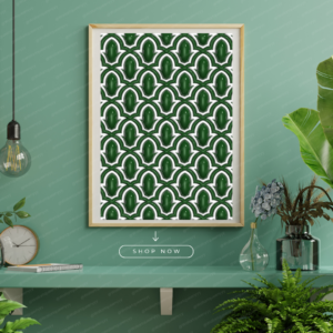 Islamic wall art printable digital download featuring emerald Islamic arch pattern inspired by traditional Islamic architecture