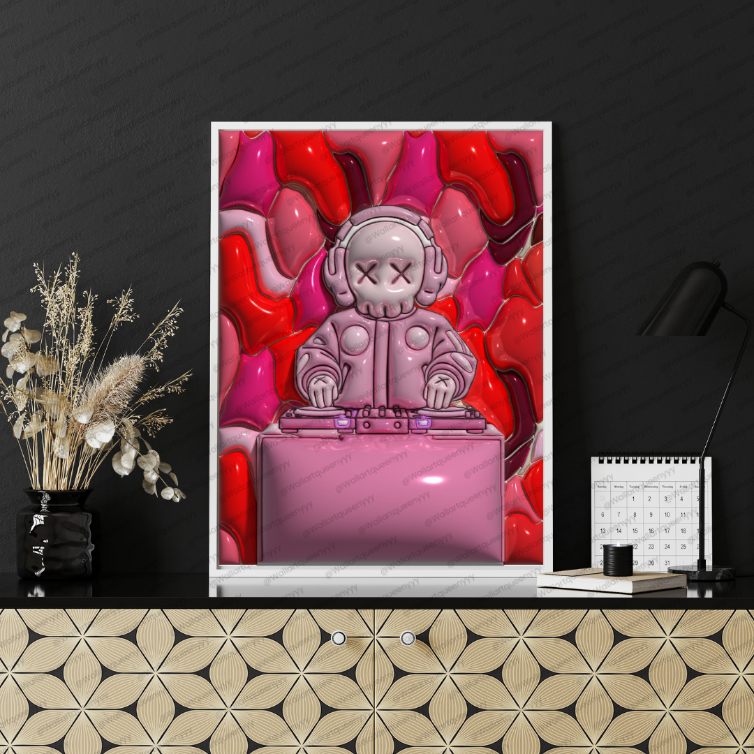 KAWS-inspired hypebeast DJ wall art printable featuring pink pop art toy DJ character in modern street decor style