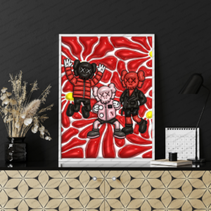 KAWS-inspired hypebeast trio wall art printable featuring red street pop art toy characters with energetic swirl background