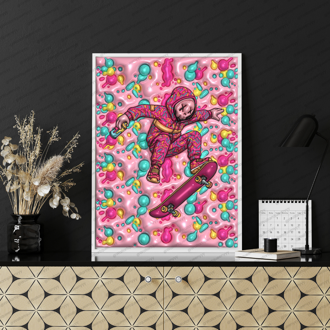 KAWS-inspired hypebeast skate wall art printable featuring pink pop art toy character with candy bubble pattern