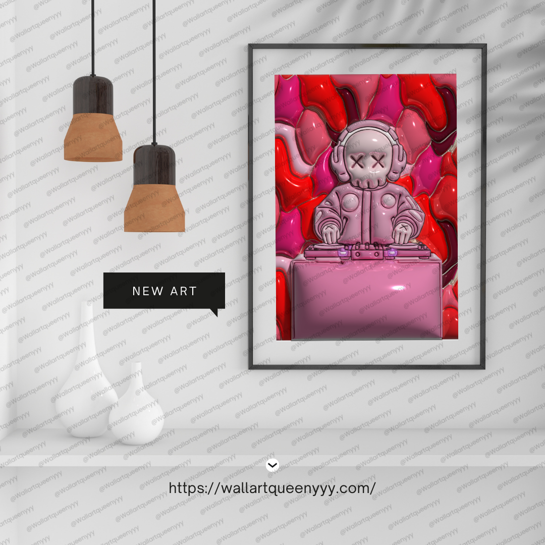 KAWS-inspired hypebeast DJ wall art printable featuring pink pop art toy DJ character in modern street decor style