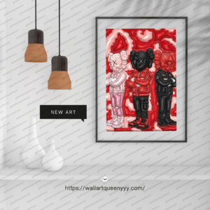KAWS-inspired hypebeast trio wall art printable featuring red black and pink pop art toy characters in modern street decor style