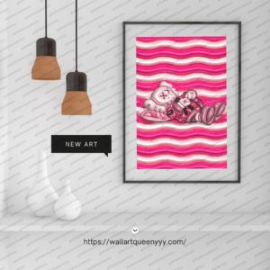 KAWS-inspired hypebeast wall art printable featuring pink pop art toy character with soft wave pattern in modern decor style