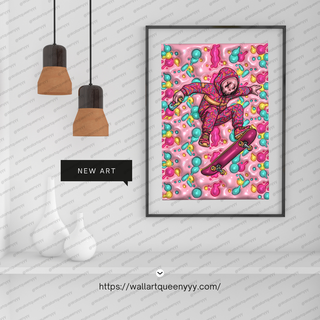 KAWS-inspired hypebeast skate wall art printable featuring pink pop art toy character with candy bubble pattern