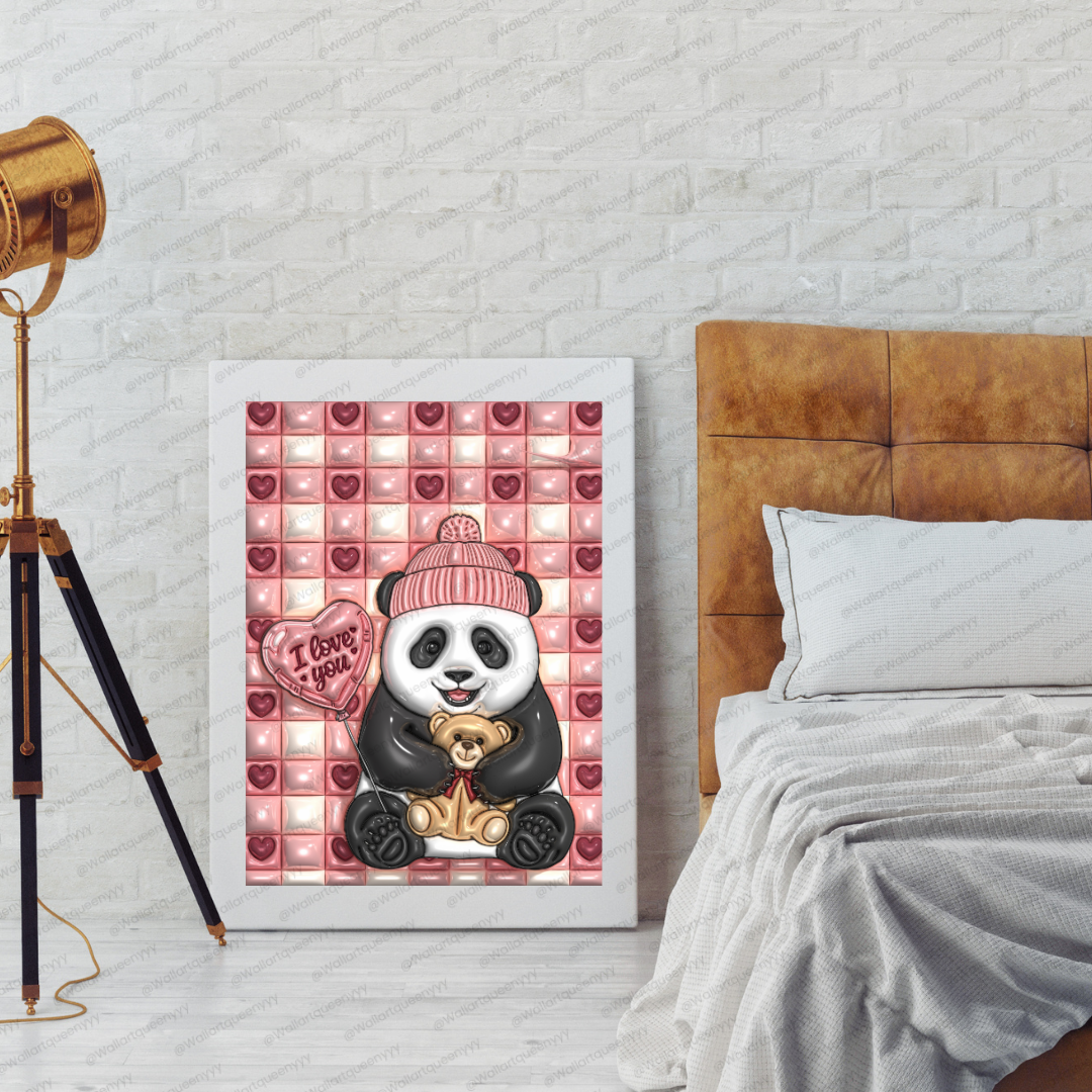 Valentine Panda wall art printable digital download, cute panda illustration holding teddy bear and heart balloon for valentine decor