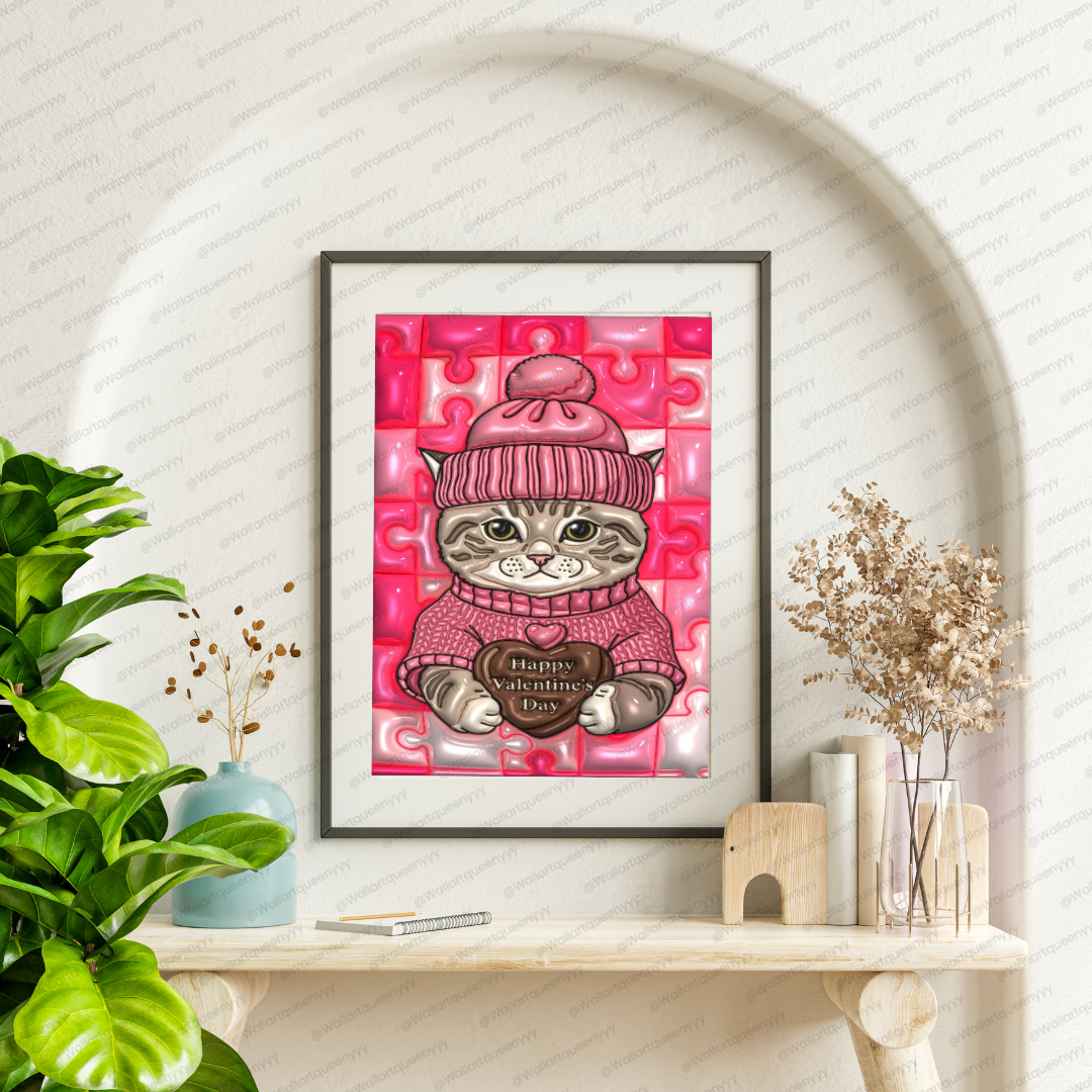 Blushheart Kitty wall art printable digital download, cute romantic kitty illustration for valentine and aesthetic interiors