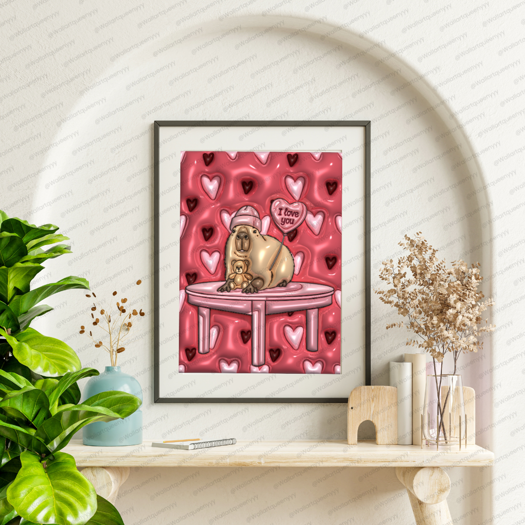 Blushheart Capybara wall art printable digital download, cute romantic capybara illustration for valentine decor