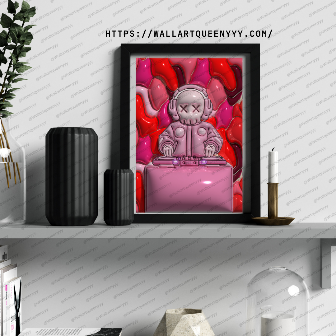 KAWS-inspired hypebeast DJ wall art printable featuring pink pop art toy DJ character in modern street decor style