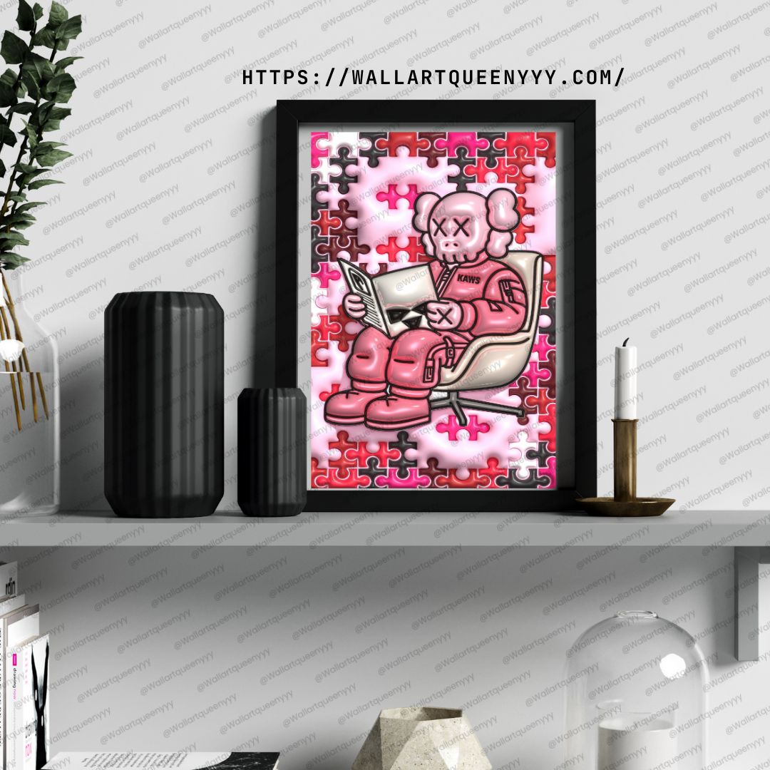 KAWS-inspired hypebeast wall art printable featuring pink puzzle pop art toy character in a cozy reading scene