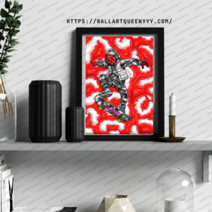 KAWS-inspired hypebeast skate wall art printable featuring red street pop art toy character with abstract swirl background