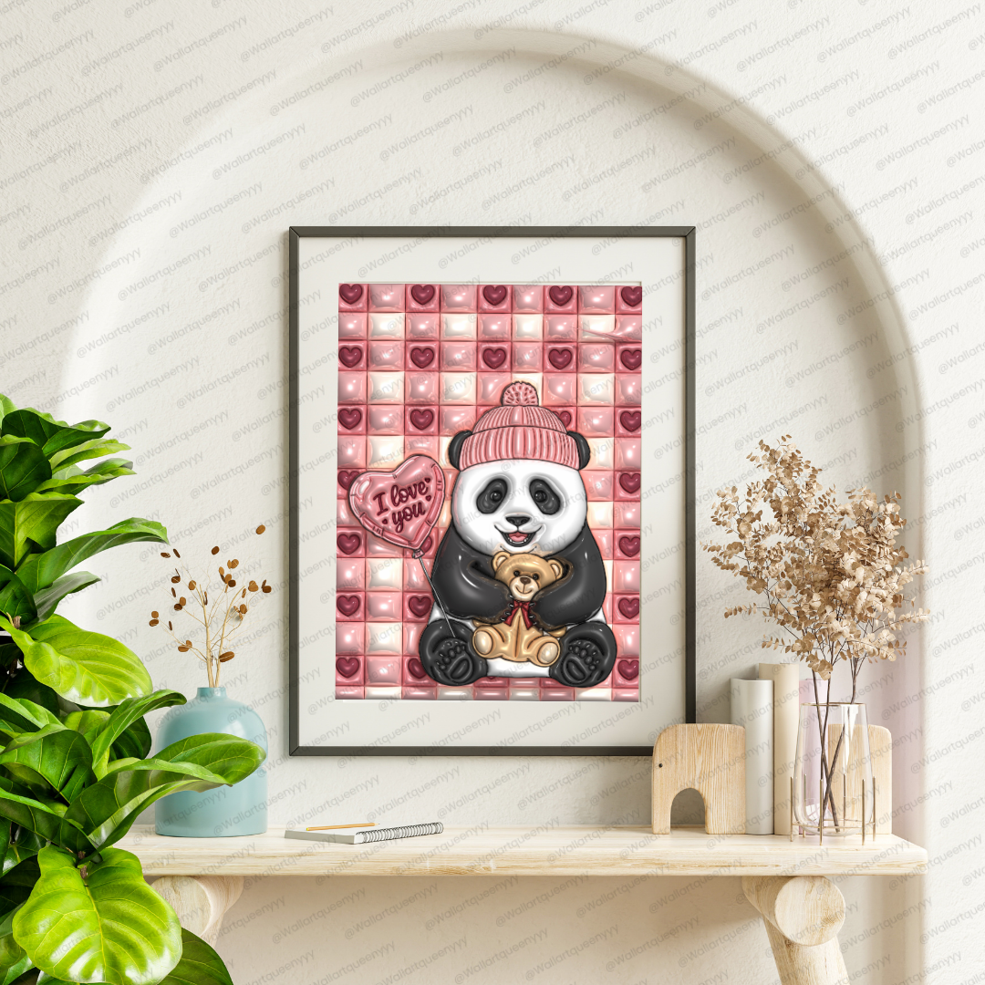 Valentine Panda wall art printable digital download, cute panda illustration holding teddy bear and heart balloon for valentine decor