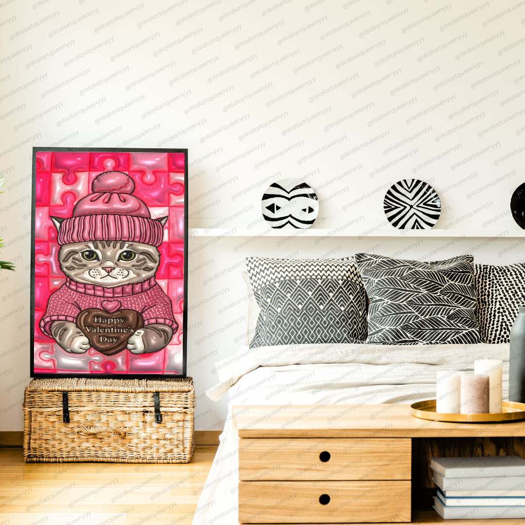 Blushheart Kitty wall art printable digital download, cute romantic kitty illustration for valentine and aesthetic interiors