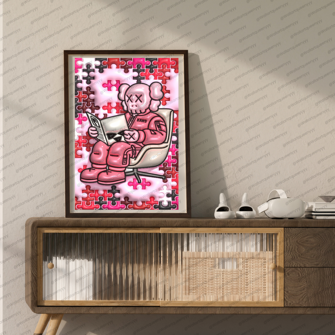 KAWS-inspired hypebeast wall art printable featuring pink puzzle pop art toy character in a cozy reading scene