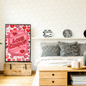 Love Coupon wall art printable digital download, playful valentine coupon typography with heart pattern background