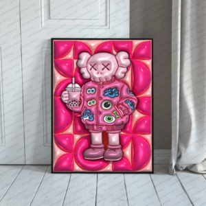 KAWS-inspired hypebeast wall art printable featuring pink pop art toy character for modern street decor