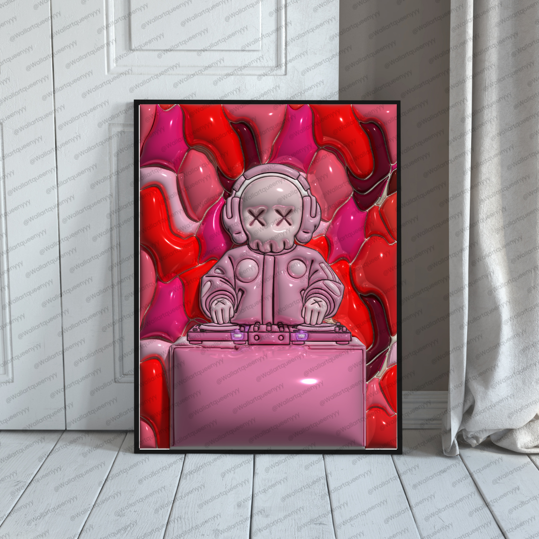 KAWS-inspired hypebeast DJ wall art printable featuring pink pop art toy DJ character in modern street decor style KAWS-inspired hypebeast DJ wall art printable featuring pink pop art toy DJ character in modern street decor style