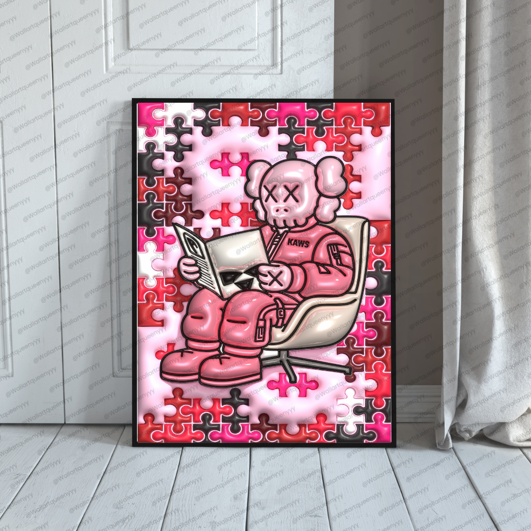 KAWS-inspired hypebeast wall art printable featuring pink puzzle pop art toy character in a cozy reading scene