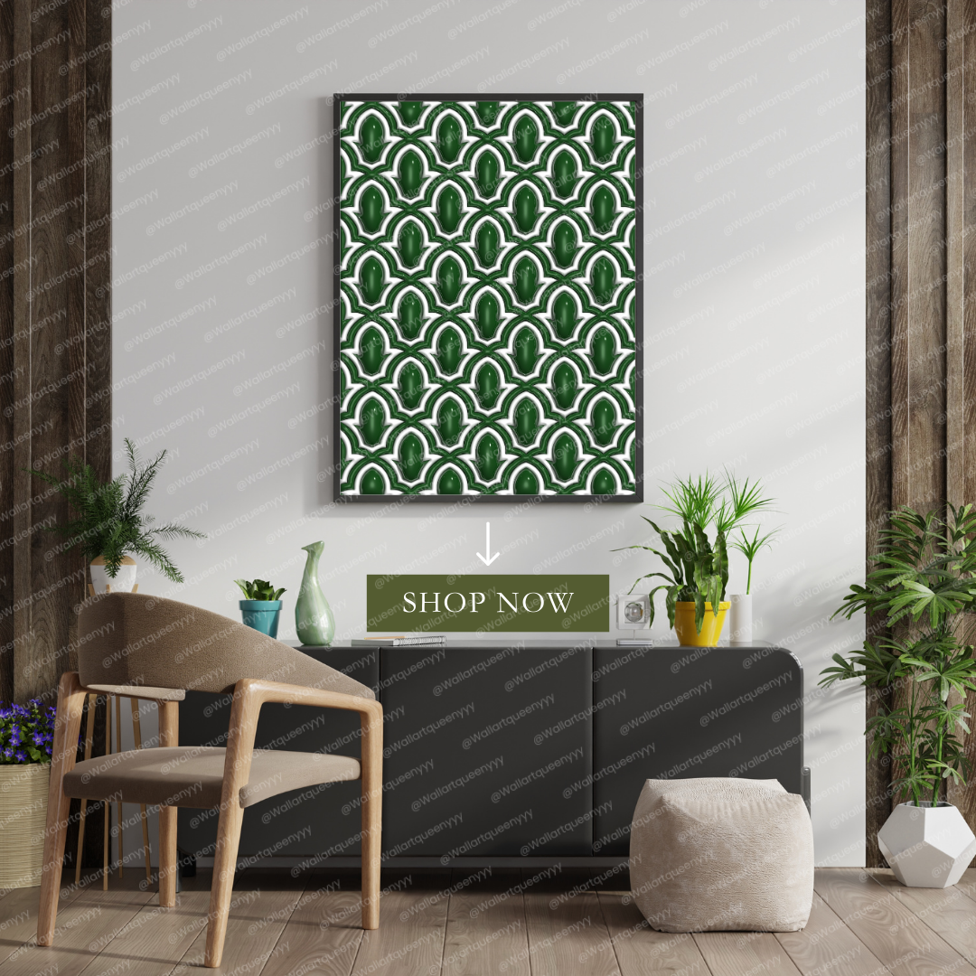 Islamic wall art printable digital download featuring emerald Islamic arch pattern inspired by traditional Islamic architecture