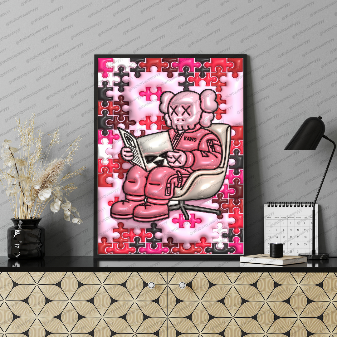 KAWS-inspired hypebeast wall art printable featuring pink puzzle pop art toy character in a cozy reading scene