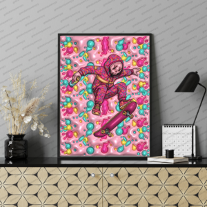 KAWS-inspired hypebeast skate wall art printable featuring pink pop art toy character with candy bubble pattern