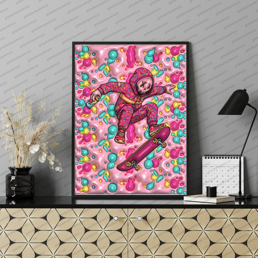 KAWS-inspired hypebeast skate wall art printable featuring pink pop art toy character with candy bubble pattern