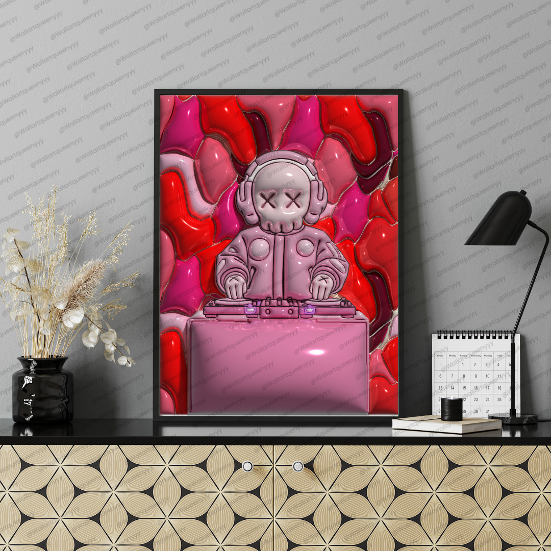 KAWS-inspired hypebeast DJ wall art printable featuring pink pop art toy DJ character in modern street decor style