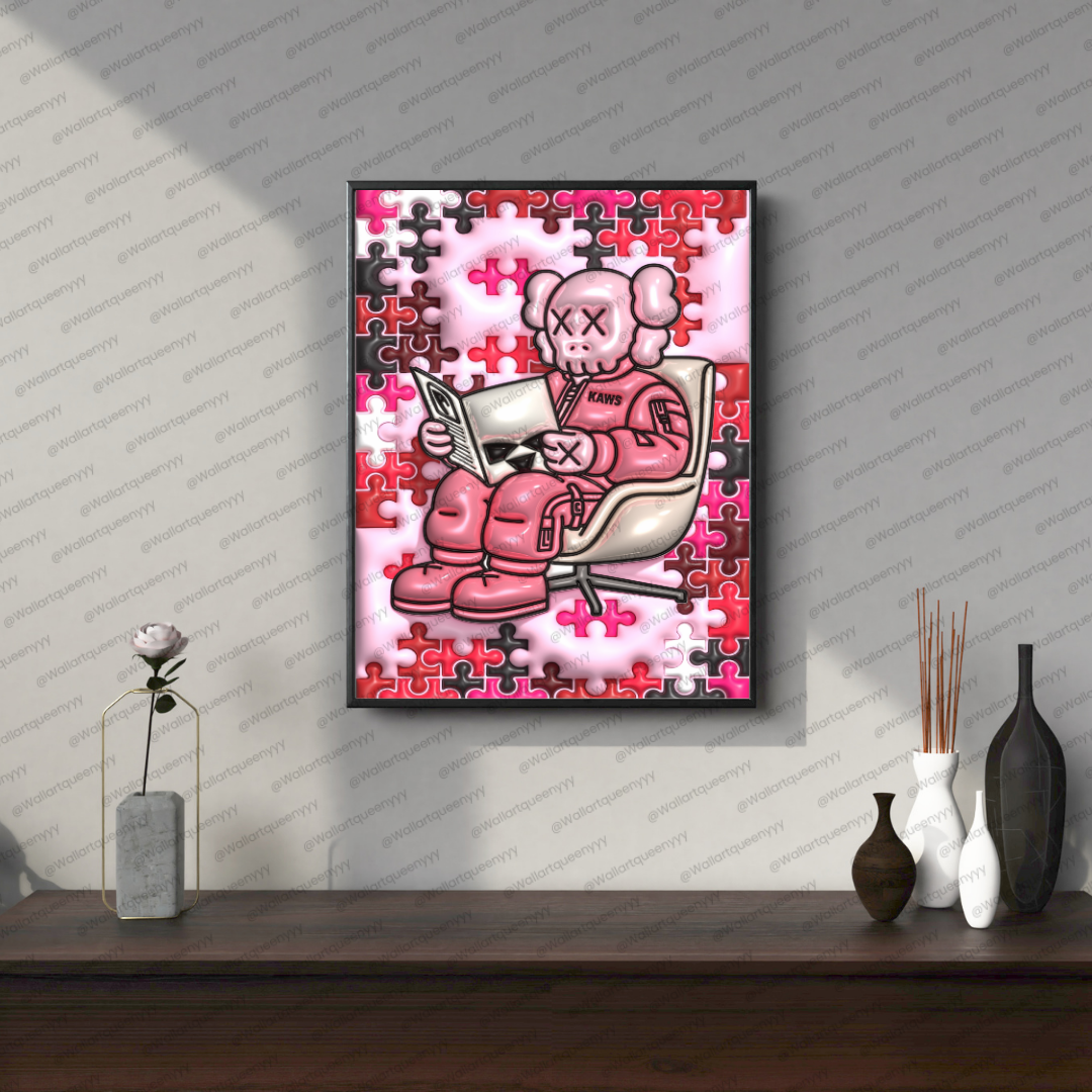 KAWS-inspired hypebeast wall art printable featuring pink puzzle pop art toy character in a cozy reading scene