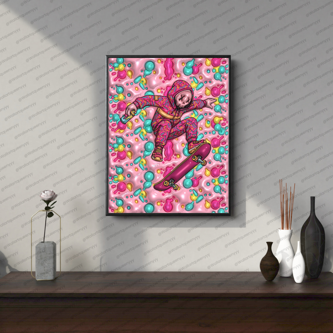 KAWS-inspired hypebeast skate wall art printable featuring pink pop art toy character with candy bubble pattern
