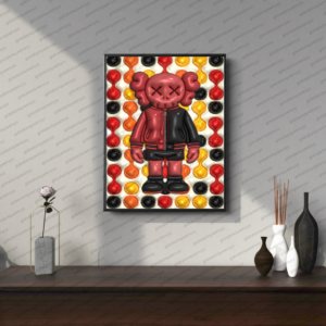 KAWS-inspired hypebeast wall art printable featuring red and black pop art toy character with bubble pattern street decor style