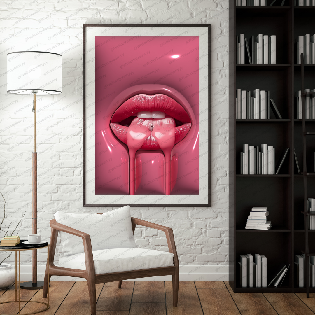 Pink Drip Lips wall art printable digital download, bold glam modern pop-art design for contemporary home and office decor