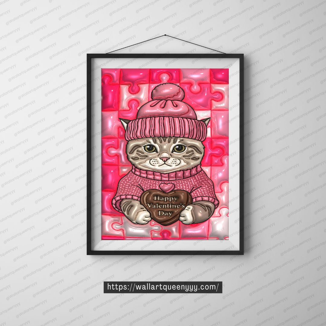 Blushheart Kitty wall art printable digital download, cute romantic kitty illustration for valentine and aesthetic interiors