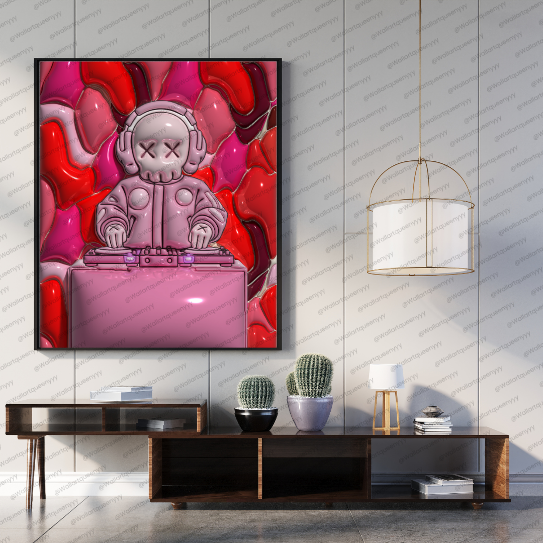 KAWS-inspired hypebeast DJ wall art printable featuring pink pop art toy DJ character in modern street decor style