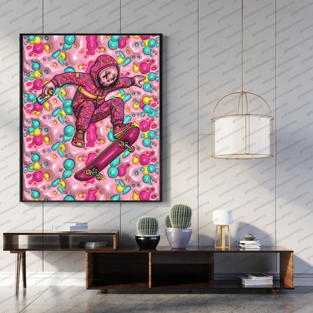 KAWS-inspired hypebeast skate wall art printable featuring pink pop art toy character with candy bubble pattern