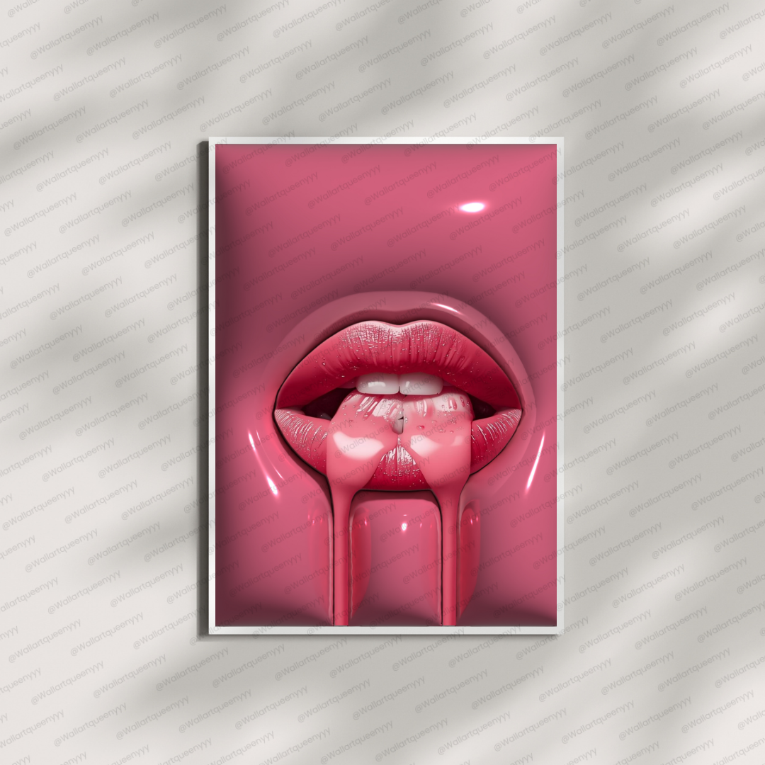 Pink Drip Lips wall art printable digital download, bold glam modern pop-art design for contemporary home and office decor
