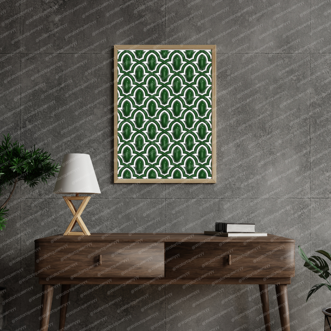 Islamic wall art printable digital download featuring emerald Islamic arch pattern inspired by traditional Islamic architecture