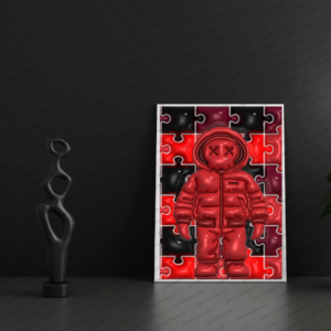 KAWS-inspired hypebeast wall art printable featuring red puzzle pop art toy character in modern street decor style