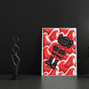 KAWS-inspired hypebeast wall art printable featuring red pop art toy character with dynamic wave background in modern street decor style