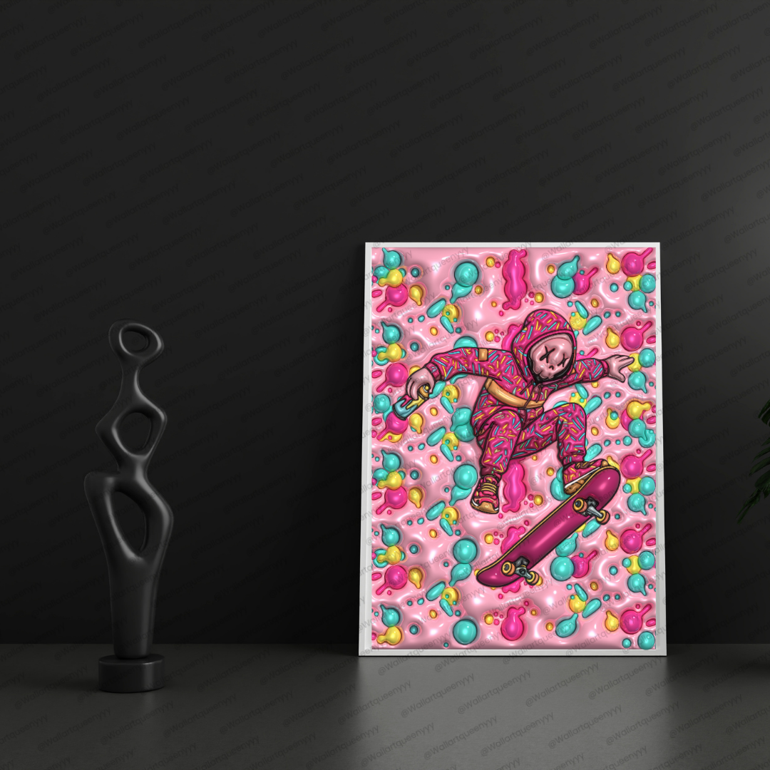 KAWS-inspired hypebeast skate wall art printable featuring pink pop art toy character with candy bubble pattern