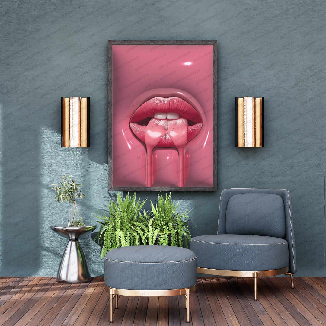 Pink Drip Lips wall art printable digital download, bold glam modern pop-art design for contemporary home and office decor