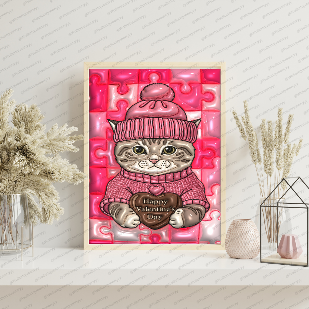 Blushheart Kitty wall art printable digital download, cute romantic kitty illustration for valentine and aesthetic interiors