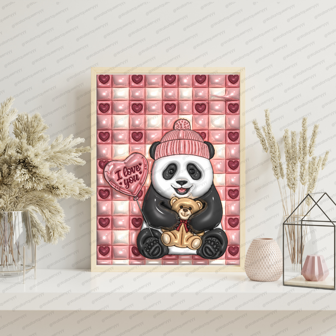 Valentine Panda wall art printable digital download, cute panda illustration holding teddy bear and heart balloon for valentine decor