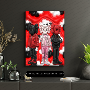 KAWS-inspired hypebeast trio wall art printable featuring red and pink pop art toy characters in modern street decor style