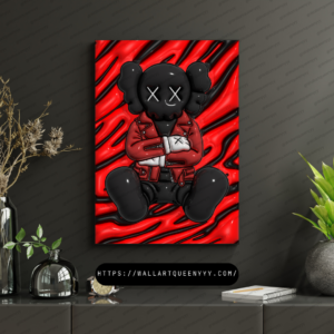 KAWS-inspired hypebeast wall art printable featuring dark red pop art toy character in modern street style decor
