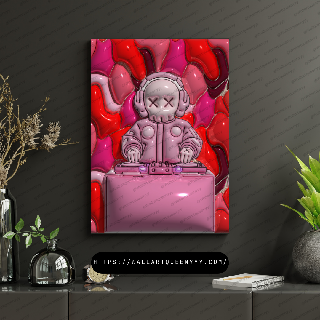 KAWS-inspired hypebeast DJ wall art printable featuring pink pop art toy DJ character in modern street decor style