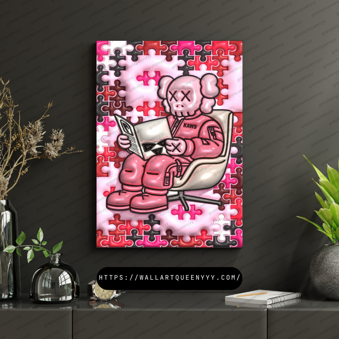 KAWS-inspired hypebeast wall art printable featuring pink puzzle pop art toy character in a cozy reading scene