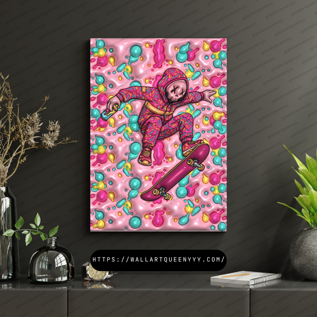 KAWS-inspired hypebeast skate wall art printable featuring pink pop art toy character with candy bubble pattern