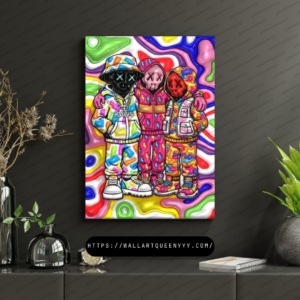 KAWS-inspired hypebeast trio wall art printable featuring colorful pop art toy characters with abstract swirl street style