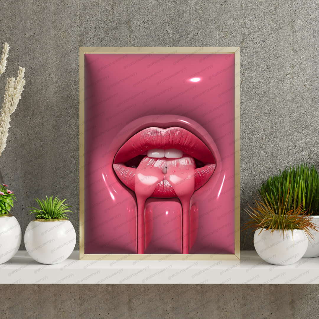 Pink Drip Lips wall art printable digital download, bold glam modern pop-art design for contemporary home and office decor